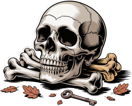 Detailed Skull with Crossbones Key and Autumn Leaves Symbolic Composition.