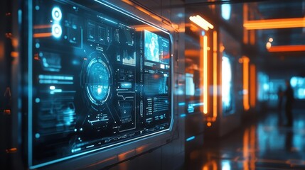 Fototapeta premium A bright tech hub glowing with interactive screens detailing innovations in capsule technology, sunlight enhancing the modern aesthetic