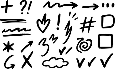 Bold hand-drawn marker doodle elements. Includes arrows, check marks, exclamations, hashtags, hearts, symbols, and decorative sketch icons for creative design use