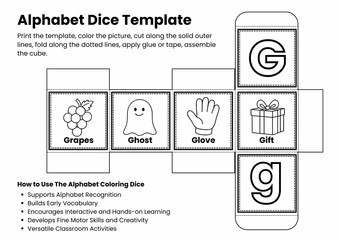 ABC Alphabet Coloring Dice Template for Kids, Printable Letter Recognition & Vocabulary Game, Fun Early Literacy Activity, Back to school Activity