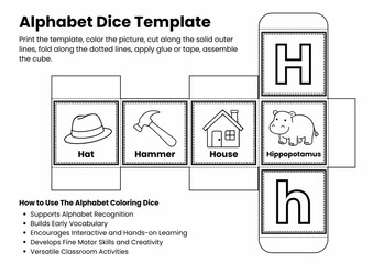 ABC Alphabet Coloring Dice Template for Kids, Printable Letter Recognition & Vocabulary Game, Fun Early Literacy Activity, Back to school Activity
