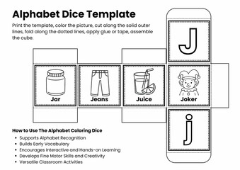 ABC Alphabet Coloring Dice Template for Kids, Printable Letter Recognition & Vocabulary Game, Fun Early Literacy Activity, Back to school Activity