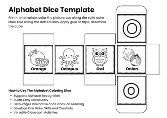 ABC Alphabet Coloring Dice Template for Kids, Printable Letter Recognition & Vocabulary Game, Fun Early Literacy Activity, Back to school Activity