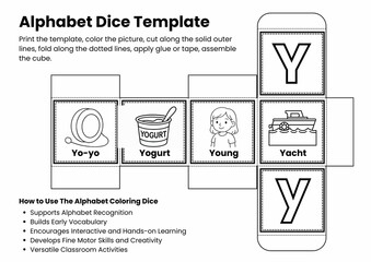 ABC Alphabet Coloring Dice Template for Kids, Printable Letter Recognition & Vocabulary Game, Fun Early Literacy Activity, Back to school Activity