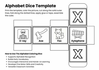 ABC Alphabet Coloring Dice Template for Kids, Printable Letter Recognition & Vocabulary Game, Fun Early Literacy Activity, Back to school Activity