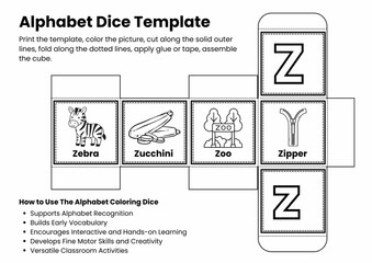 ABC Alphabet Coloring Dice Template for Kids, Printable Letter Recognition & Vocabulary Game, Fun Early Literacy Activity, Back to school Activity