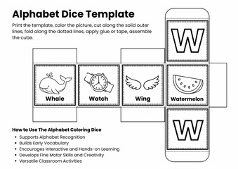 ABC Alphabet Coloring Dice Template for Kids, Printable Letter Recognition & Vocabulary Game, Fun Early Literacy Activity, Back to school Activity