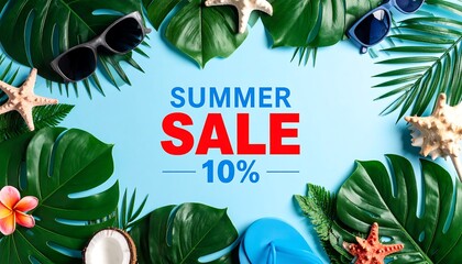 Summer sale promotion framed by tropical leaves and accessories