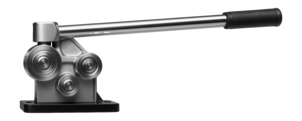 Manual profile bender with a long lever arm for forming metal pipes in a small fabrication shop.