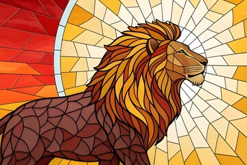 Majestic lion stained glass artwork with fiery mane and sunburst background