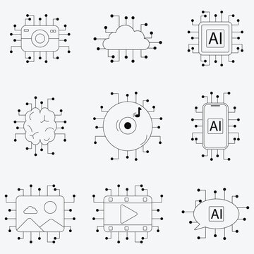 Vector set of minimalist black and white technology icons featuring AI brain cloud data multimedia and digital devices with circuit connections in clean line art style