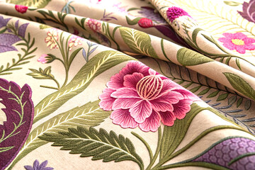 Lush floral texture with vibrant hues and intricate embroidered details
