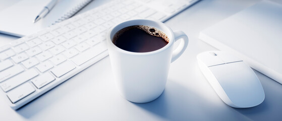 Close-up of a coffee cup next to a  white computer keyboard and mouse