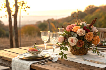 Elegant autumn table setting with roses and warm golden light ambiance