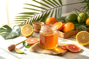 Soft lighting with citrus fruits and honey in warm natural setting