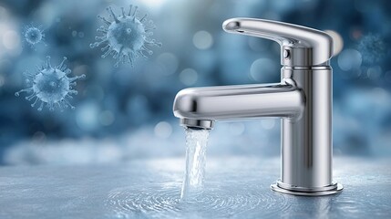 Chrome faucet with flowing water and floating virus particles, symbolizing water hygiene and contamination, clean water supply, disease prevention, and public health concerns.