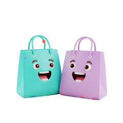 Cute Cartoon Shopping Bags with Smiling Faces Isolated on White Background
