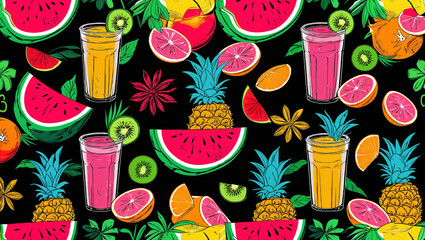 Vibrant hand drawn tropical fruit seamless pattern design with juices and bright color palette