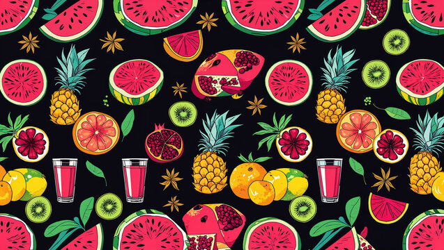Vibrant seamless fruit pattern featuring watermelon pineapple pomegranate citrus fruits and kiwi on black background