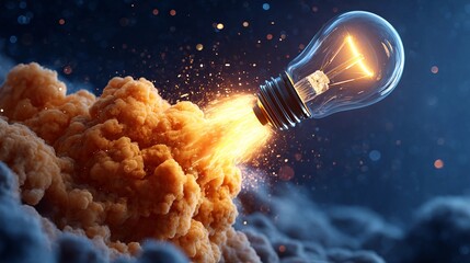 A lightbulb launching like a rocket from smoke, symbolizing innovation, creative spark, business growth, and scientific discovery.