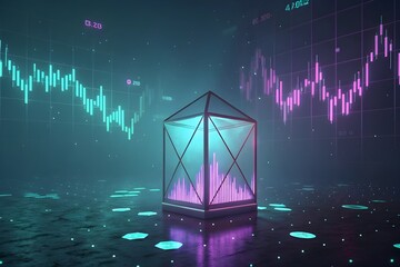 Futuristic geometric structure with glowing lights against abstract financial data charts