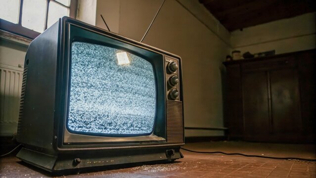 On the screen of an old TV there is static noise and "snow" due to the lack of a signal. Suitable for themes of technologies of the past.