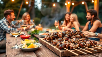 Fototapeta premium Shashlik and glasses of wine decorate a wooden table under the evening lights. Festive atmosphere of an outdoor barbecue.
