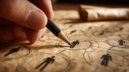 A hand drawing stick figure connections on textured paper with a pencil, symbolizing human networks, social connections, talent acquisition, and family lineage.