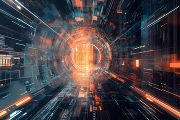 Fototapeta premium Digital transformation of technology in American graphic illustration futuristic environment high-contrast perspective