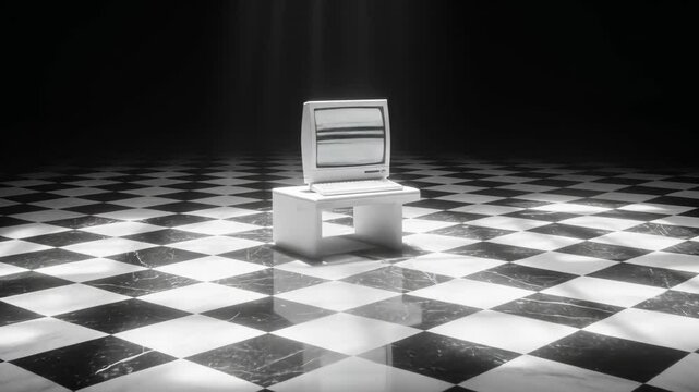 Classic Desktop Computer Displaying Glitches on a Checkerboard Background Under Spotlight
