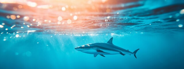 A shark glides through the water with sunbeams piercing the surface. An atmospheric and powerful image of a marine predator in its habitat