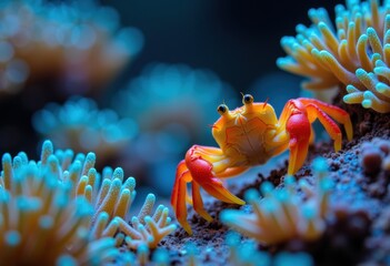 Obraz premium Vibrant underwater scene featuring a colorful crab among coral and sea anemones