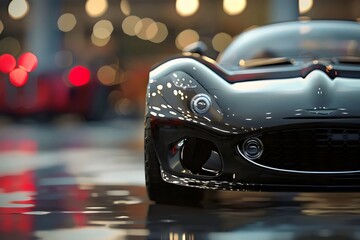 Fototapeta premium A sleek black luxury sports car with sharp, glossy reflections under dim ambient lighting, showcasing its elegant front grille and detailed headlights with a blurred red car in the background, emphas