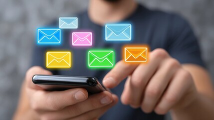 A person holding a smartphone with glowing email icons, representing digital communication, email marketing, online messaging, and mobile technology.