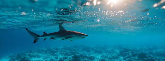 Tiger shark swimming just below the water surface with sun rays. A concept of a powerful marine predator for wildlife or adventure themes