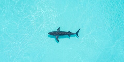 Top view of a shark swimming in shallow turquoise water. A drone shot of marine wildlife for a travel or nature blog banner