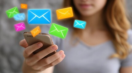 A person holding a smartphone with colorful email icons floating around it, representing digital communication and connectivity, mobile messaging, online interaction, and modern technology use.
