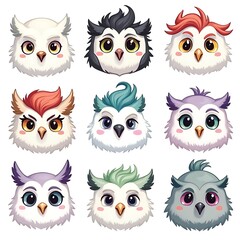 Fototapeta premium Colorful Cartoon Owl Faces with Various Styles for Children's Designs