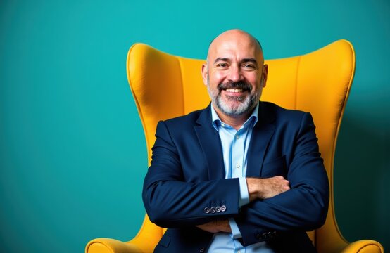 A confident middle-aged man in a suit sits with arms crossed on a bright yellow chair against a teal background