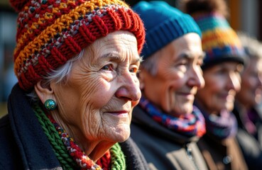 Fototapeta premium Woman wearing colorful knit hat and scarf in outdoor setting