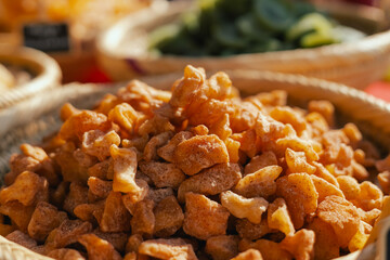 Dried fruit on sale at outdoor farmer market. The fruit shrinks during this process, leaving a...