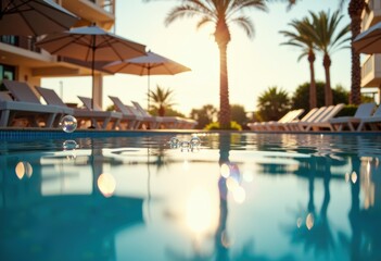 Obraz premium Tranquil poolside scene with palm trees and sun reflections at sunset