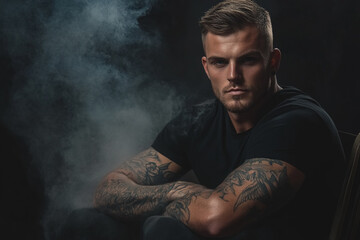 Short-haired man with tattoos, black T-shirt, sitting in chair surrounded by smoky haze.
