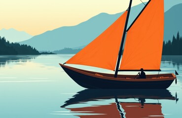 Naklejka premium A sailboat with orange sails glides across calm water with mountain scenery in the background