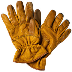 Pair of well-worn leather work gloves on black background, Close-up of rustic gold-toned work gloves with dark background for dramatic contrast