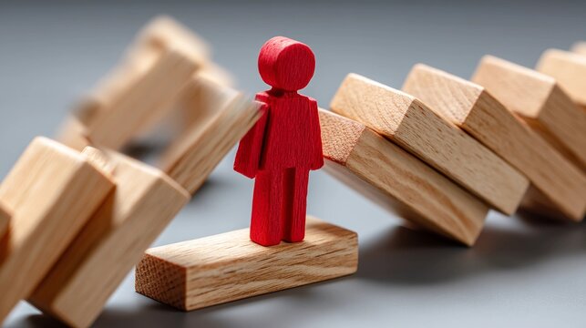 A red human figure on a block stopping a chain of falling wooden dominoes, illustrating risk management, domino effect prevention, business continuity planning, and problem-solving strategy.