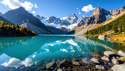 Crystal-clear glacial lake reflecting snow-covered peaks