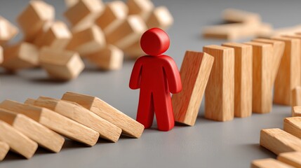 A red human figure stopping falling wooden dominoes, symbolizing risk management, preventing a chain reaction, ensuring business resilience, and demonstrating a problem-solving strategy.