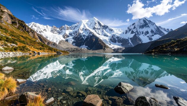 Crystal-clear glacial lake reflecting snow-covered peaks - Powered by Adobe