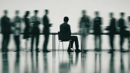 A lone person seated at a table facing blurred figures, symbolizing professional isolation, a corporate environment, career challenges, and a job interview.